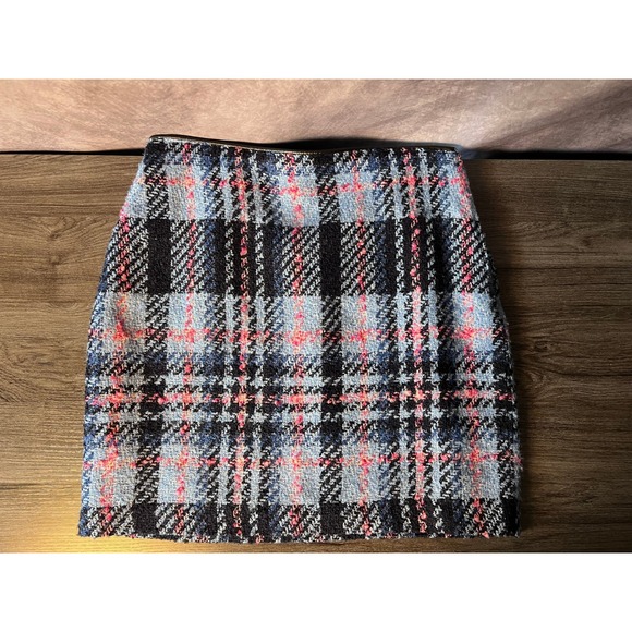 Orsay Dresses & Skirts - Orsay Tweed Plaid Mini Skirt Blue Pink Black Faux Leather Trim Size EUR 36 US 4